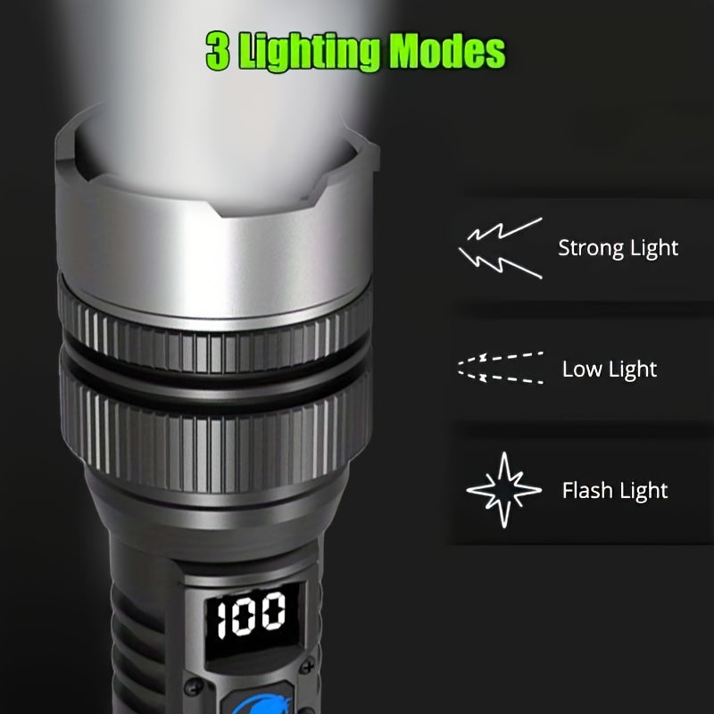1Pc Super Bright Rechargeable LED Flashlight - High Strength Tactical Flashlight, USB Charging, 3 Light Modes, 1200mAh Long Lasting Battery, Ergonomic Grip Design, IP44 Waterproof
