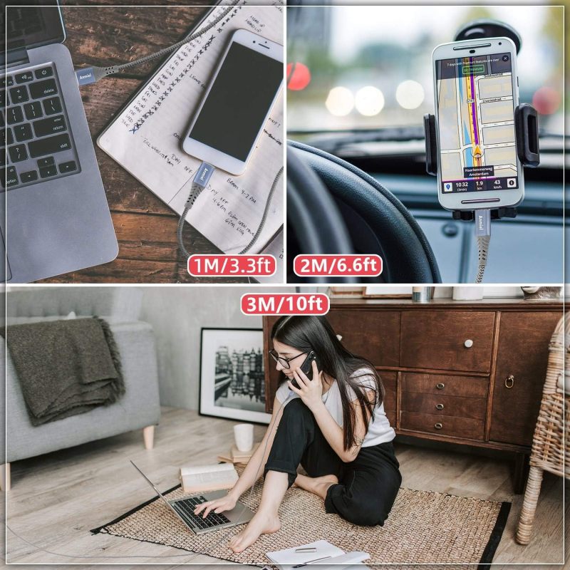 USB-C数据线，3条装[10英尺/3.3米/6.6英尺] 3A充电线，Type-C充电器数据线，尼龙编织USB-A转USB-C线，适用于三星Galaxy S10/S9/Note10/9/8、LG V20/G6