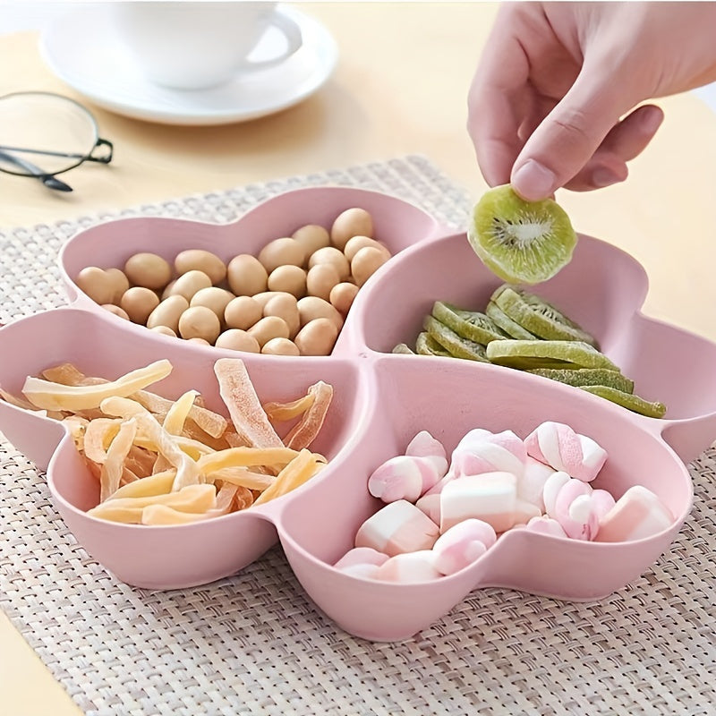 Heart-Shaped Divided Fruit Bowl, Reusable Tray for Nuts, Candy, Snacks & Desserts, 4 Compartments, Made of Durable Food-Safe Plastic, Elegant Serving Plate for Home, Parties, Weddings & Cafés