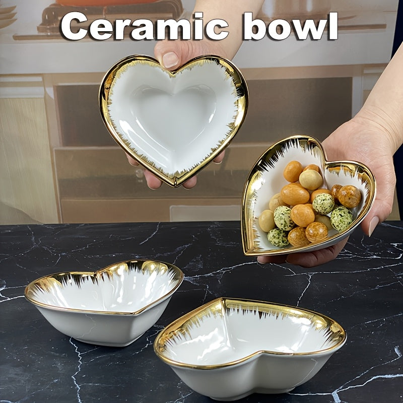 Set of 4, Ceramic Snack Bowls, High-End Electroplated Gold Small Appetizer Plates, 5-Inch Elegant Heart-Shaped Ceramic Bowls, Dessert Bowls, Table Bowl for Cereal, Fruit