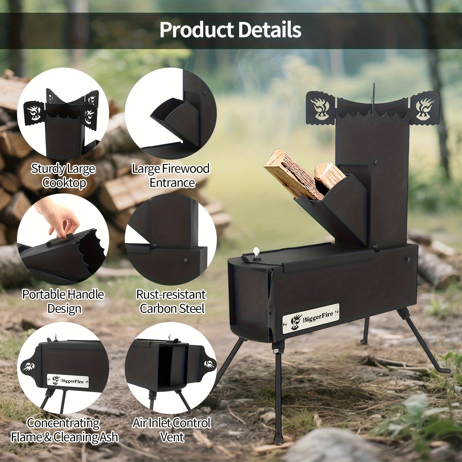 Portable Folding Wood Stove, Designed for Outdoor Cooking, Picnic, BBQ, Hunting & Fishing, Cast Steel Construction with Carrying Bag