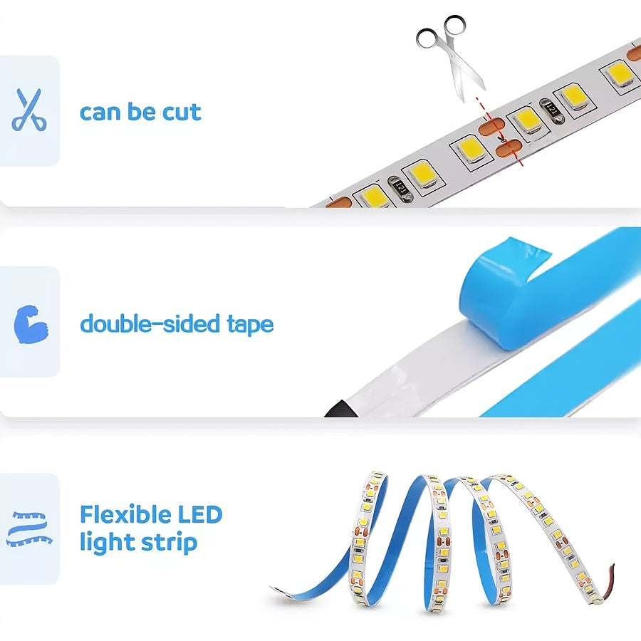 12V LED灯带，8毫米线性，高密度柔性灯带，每米120颗灯珠，适用于厨房、楼梯、房间装饰照明。白光/中性光/暖光，不防水（不含12V电源）