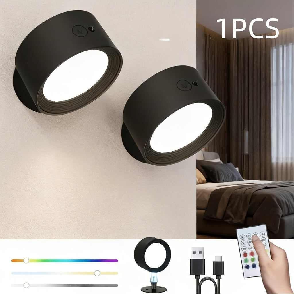 Smart RGB Ambient Wall Light, Remote and Touch Dimming, 12 Colors and 6 Brightness Levels, Rechargeable Magnetic 360° Rotation, Cordless Lighting for Living Room, Bedside, Hallway (Remote Control Battery Not Included)