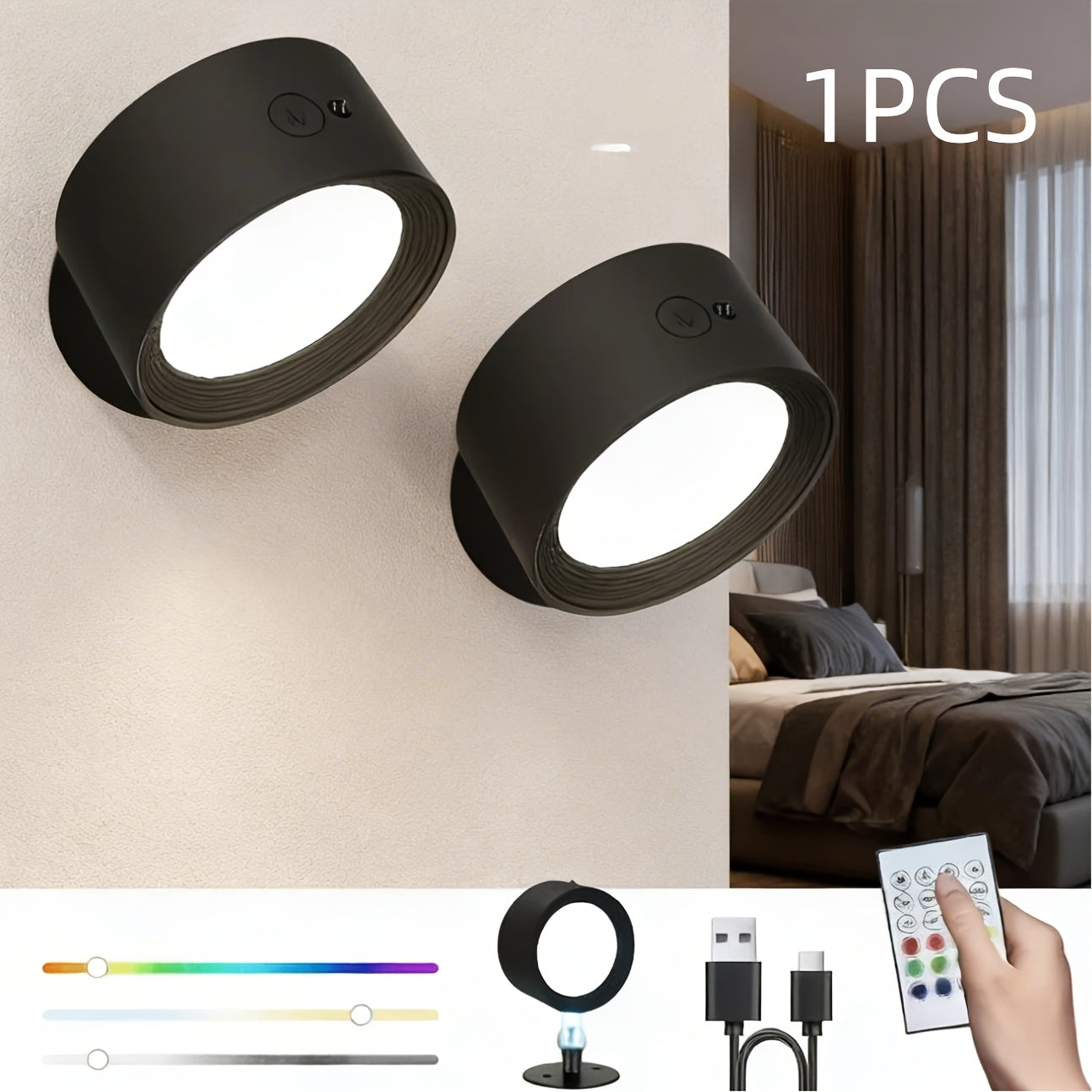 Smart RGB Ambient Wall Light, Remote and Touch Dimming, 12 Colors and 6 Brightness Levels, Rechargeable Magnetic 360° Rotation, Cordless Lighting for Living Room, Bedside, Hallway (Remote Control Battery Not Included)