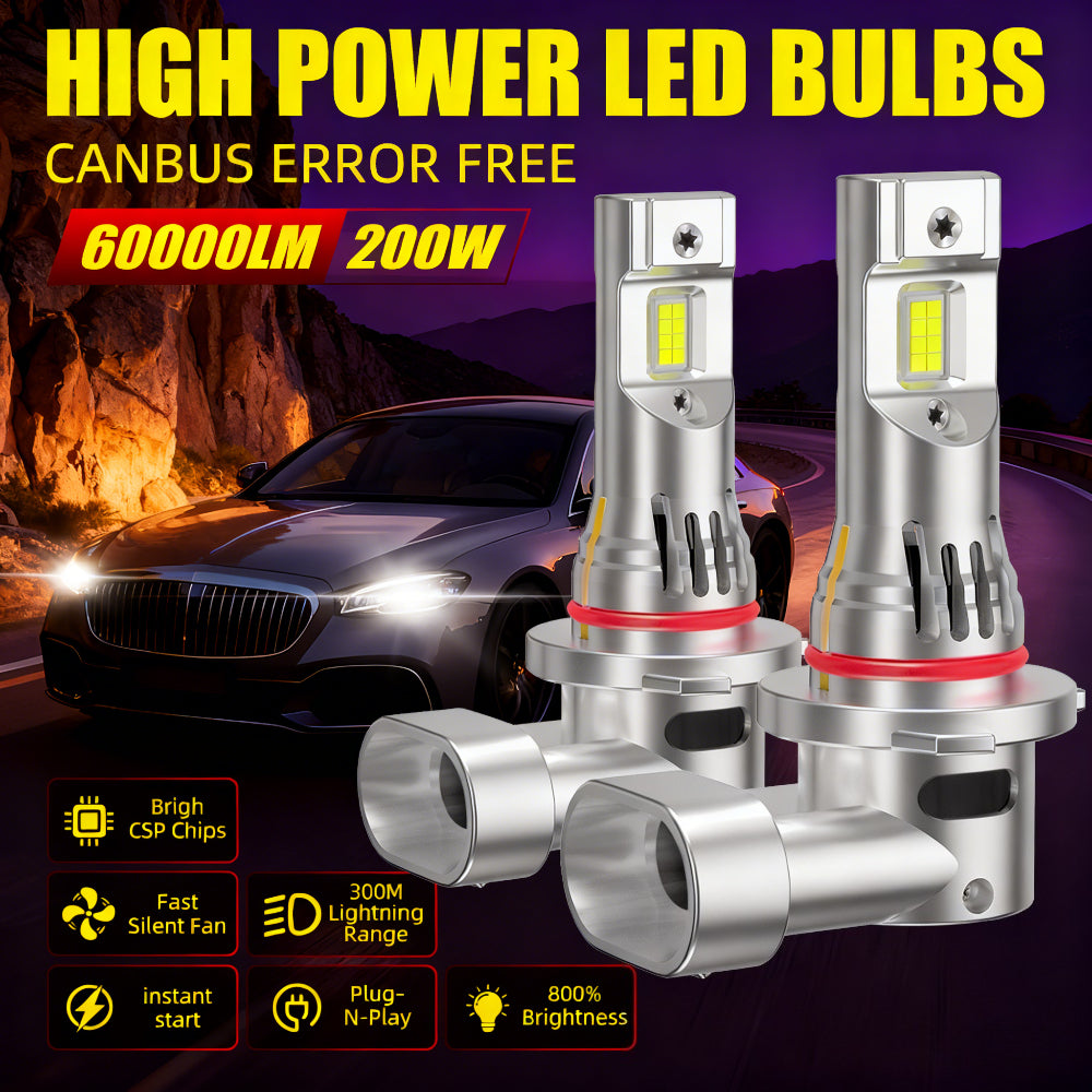 2 High Power CSP Chip LED Car Lights Canbus Error-Free 200W 60000 Lumens High Brightness LED Bulbs, Equipped with Fast Silent Cooling Fan, 300m Stable Illumination Distance, Plug-and-Play, 800% Reliable Brightness