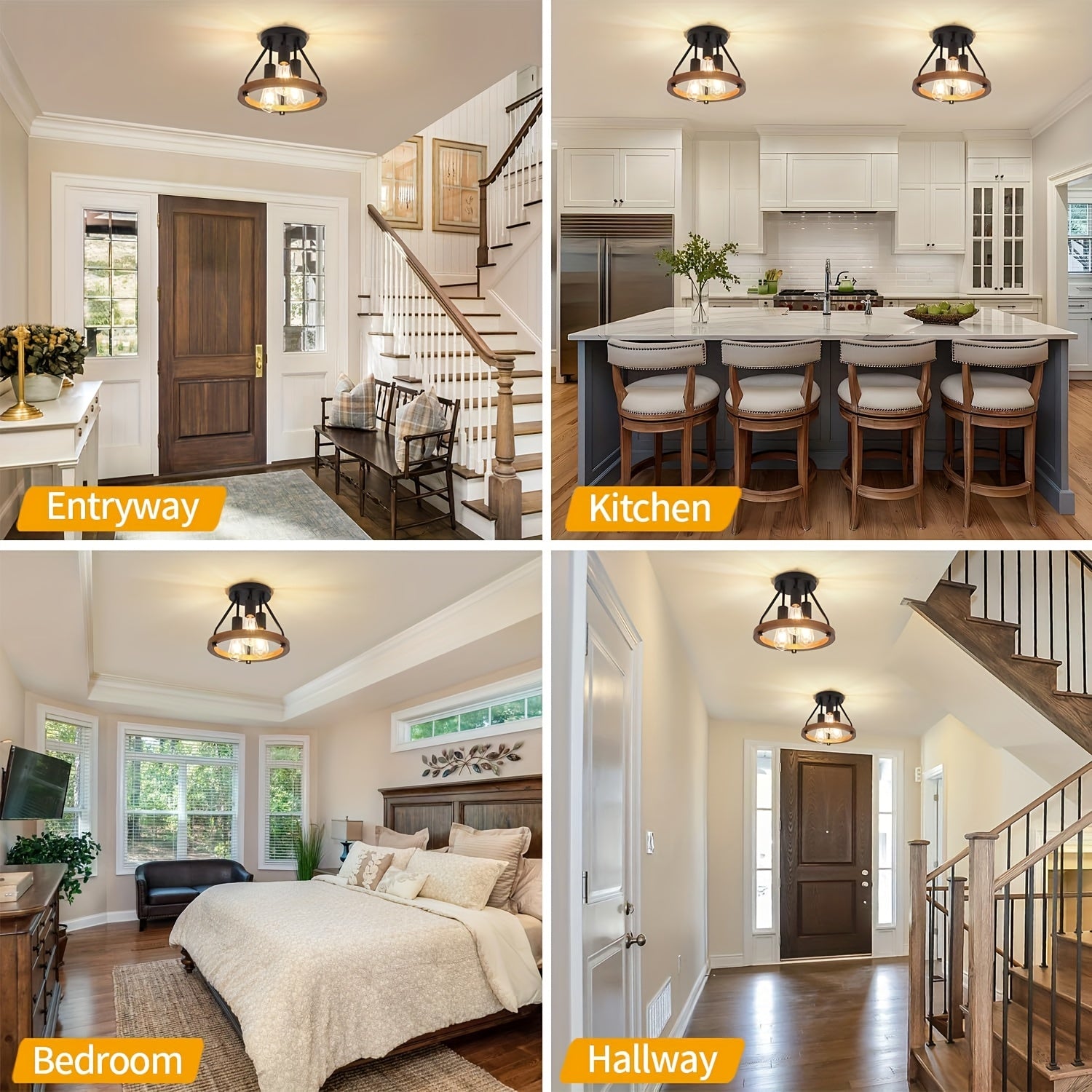 [Christmas Decorative Chandelier] Rustic Style 3-Light Pendant Light - Semi-Flush Mount Installation, Suitable for Hallway, Bedroom and Kitchen Decor, Modern Farmhouse Style Light Fixture, Living Room Chandelier (Bulb Not Included)