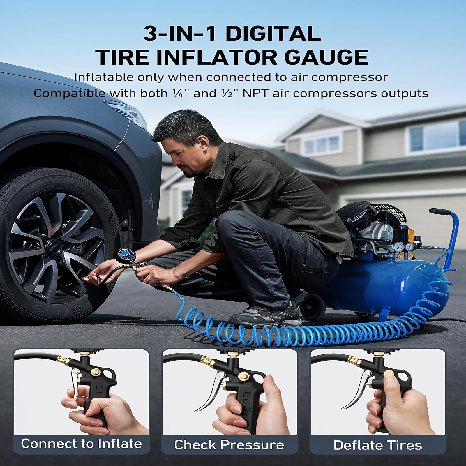 Digital Tire Pressure Gauge, 250 PSI (Heavy Duty with Quick Connect Coupler), 0.1 Display Resolution, Air Compressor Accessory, Tire Pressure Gauge, Car Accessory, Suitable for Cars, SUVs, Buses, Trucks, Bicycles and Motorcycles