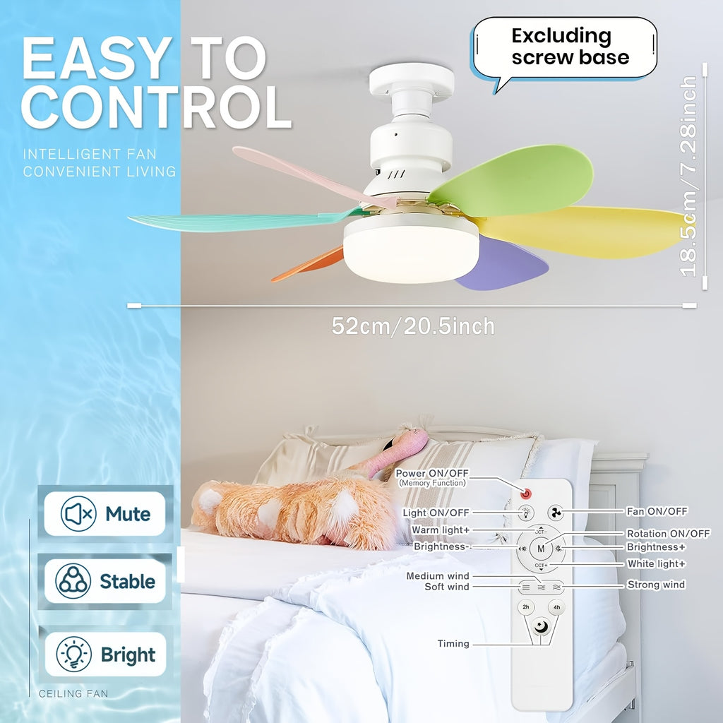 20.5/16.5 Inch Smart LED Ceiling Fan Light, Multicolor & White Light with Remote, 3 Color Temperatures (3000K-6500K) Dimmable, Quiet 3-Speed, Easy Installation, E26/E27 Interface, Modern Ceiling Fan Lamp, 40W for Bedroom Kitchen Garage Workshop