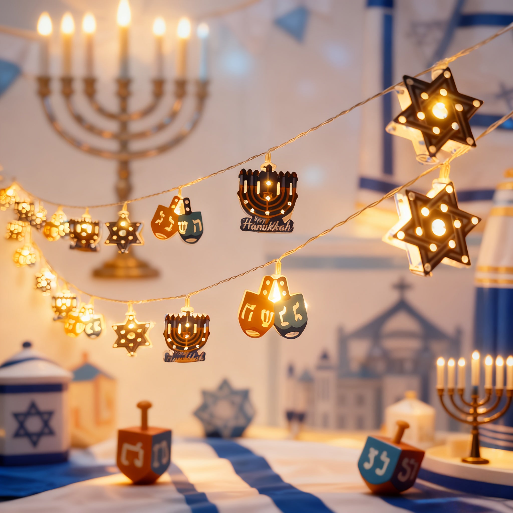 HANUKKAH LIGHTS，2米10灯光明节大卫之星灯串，LED六芒星烛台陀螺灯串，电池供电（不含电池），光明节礼物，光明节派对装饰品，适合房间卧室客厅餐厅壁炉楼梯橱窗装饰