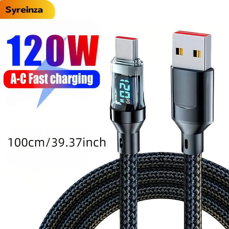120W6A超快充USB-C线，Type-C转Type-C，黑色扁平尼龙PVC资料同步线，附实时数位显示器,≤36V工作电压，品牌Syreinza，适合家庭办公室旅行尼龙编织加固耐用高品质科技爱好者数据线适用于 iPhone, Android, Samsung