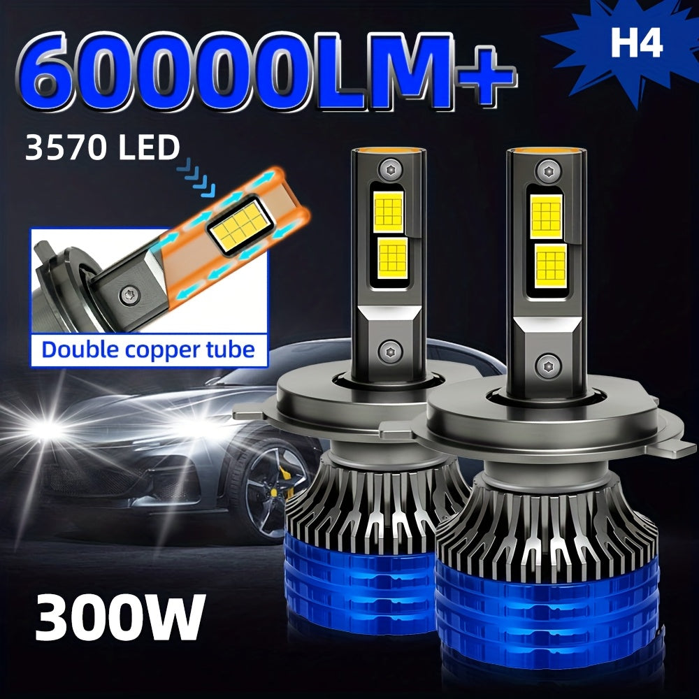 2个H4 H7汽车LED大灯，300W高功率60000流明，兼容Canbus及多种车型，包括H1、H11、H8、H9、HB3、9005、HB4、9006，12V 24V，配备6000K涡轮灯，适用于车辆，不含电池