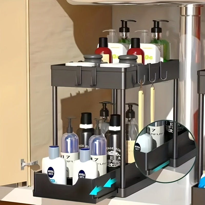 Multi-functional Pull-out Under Sink Organizer and Storage, Suitable for Bathroom & Kitchen, 2-Tier Sliding Cabinet Basket, Bathroom Cabinet Storage Box with Hooks, Storage Cup, Home Kitchen Accessories