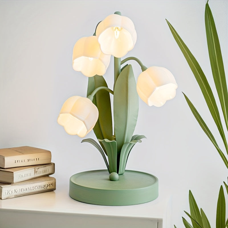 Pink warm table lamp, gold light luxury table lamp, five lily of the valley flowers table lamp, creative acrylic flower shape, home decoration desk lamp, floral theme ambiance light, themed homestay hotel decorative lamp