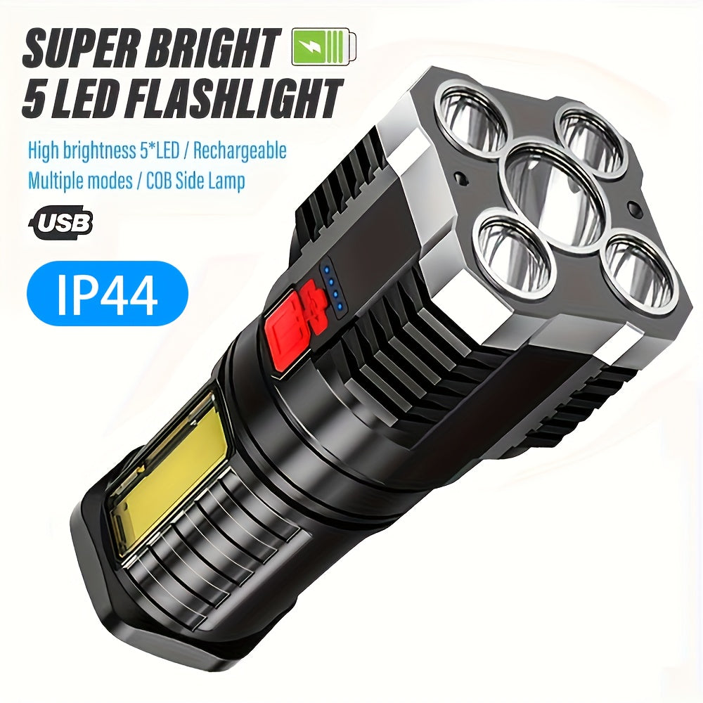 Ultra-Bright Flashlight, USB Rechargeable Flashlight with 5 LEDs & COB Side Light - 4-Mode Flashlight