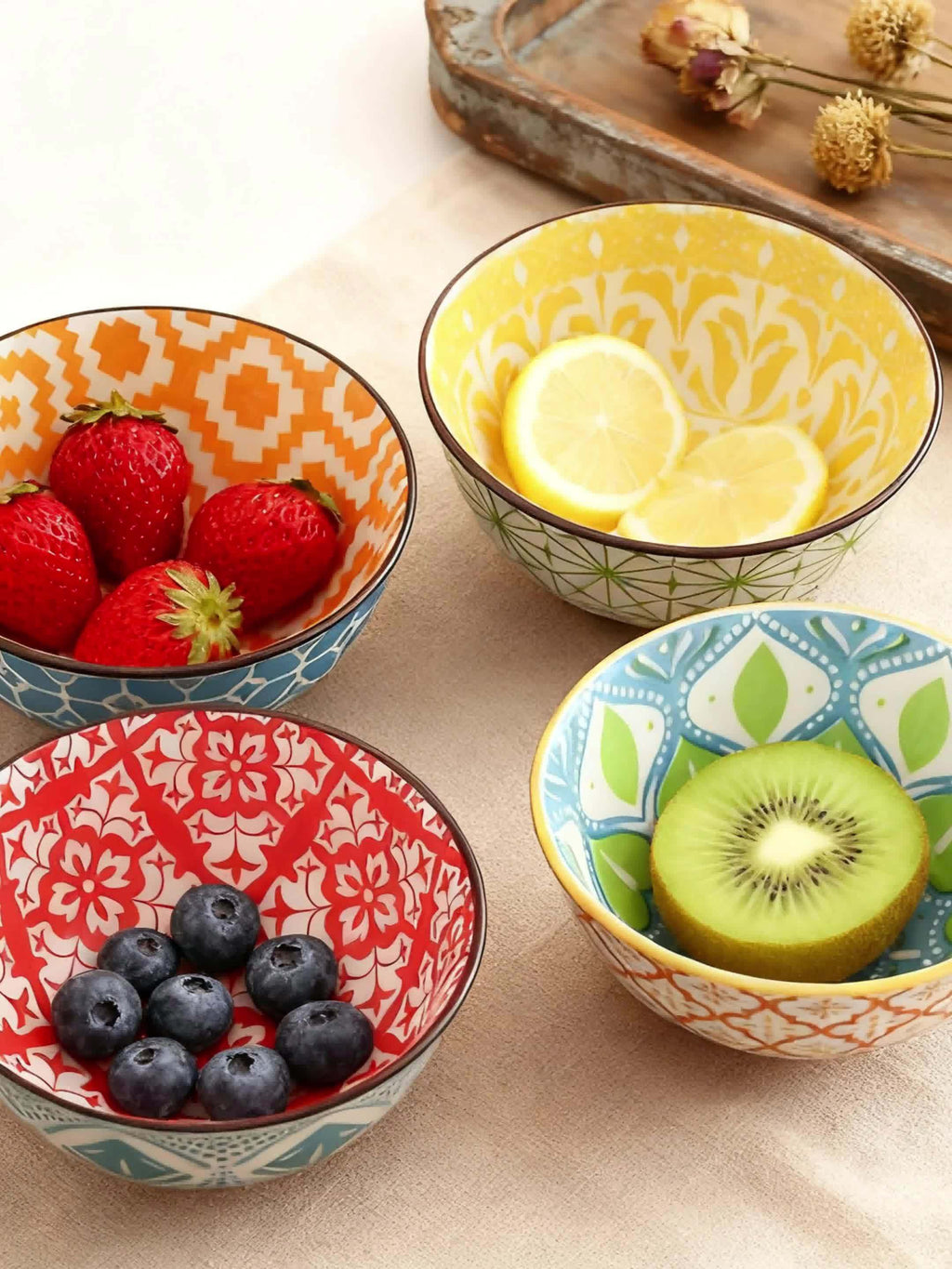 4-Piece Bohemian Style Ceramic Salad Bowls, 4.8-Inch Colorful Kitchen Bowl Set – Great Gift for Family & Friends – Can Be Used as Fruit Bowl, Salad Bowl, Cereal Bowl, Rice Bowl, etc. – Dishwasher & Microwave Safe