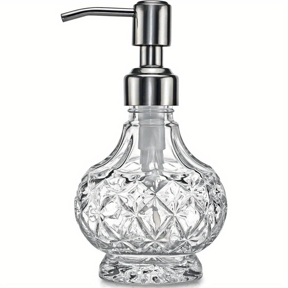 Glass Soap Dispenser with Pump - Clear Crystal Design, Vintage Elegance, Refillable Hand Soap Bottle for Bathroom Countertop & Kitchen Sink, 200ml/6.76oz