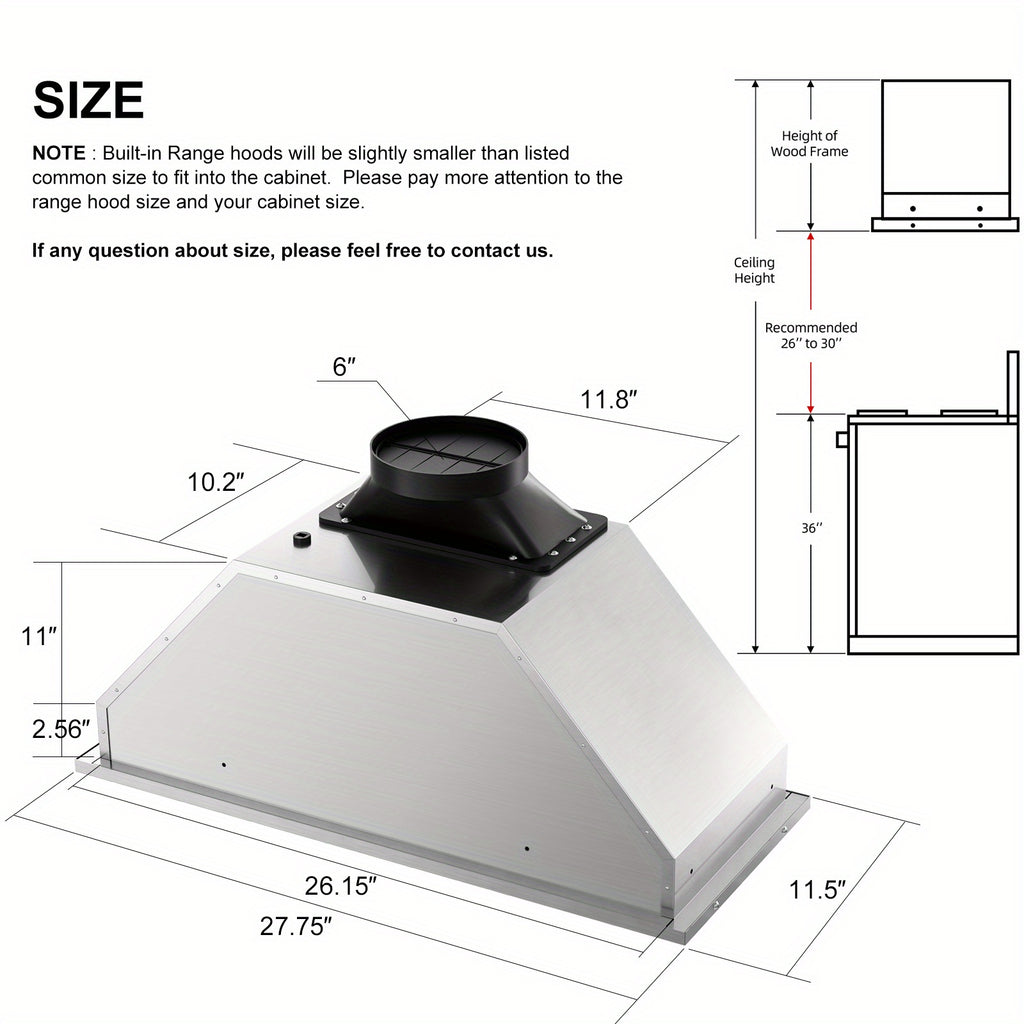 30-Inch Built-In/Insert Range Hood, 900 CFM, Stainless Steel Kitchen Exhaust Fan, Convertible Ducted/Ductless