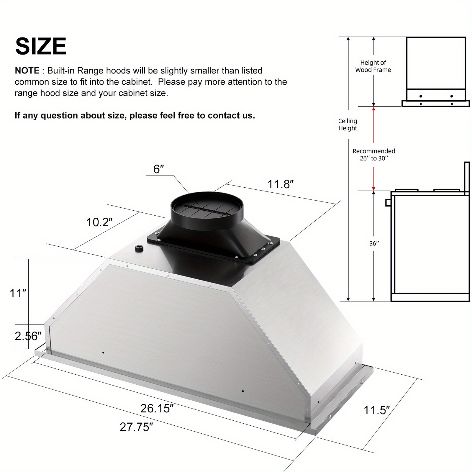 30-Inch Built-In/Insert Range Hood, 900 CFM, Stainless Steel Kitchen Exhaust Fan, Convertible Ducted/Ductless