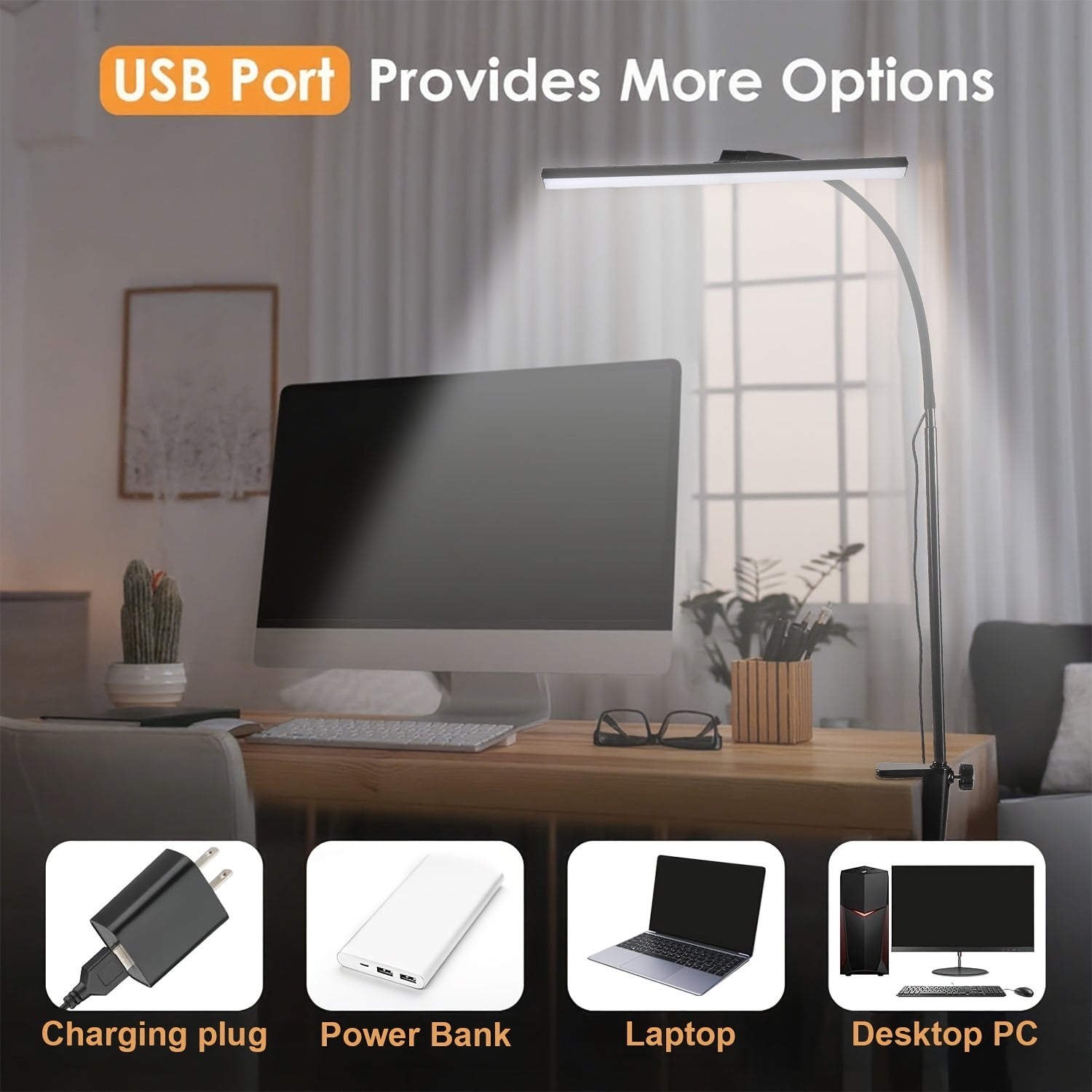 USB anti-glare desk lamp, with 3 color temperature modes, beneficial for eye health, no screen reflection, adjustable brightness, creating a comfortable office environment for you. Suitable for home office areas. Black
