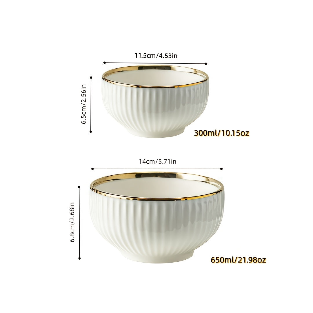 4-Piece Luxury Gold Rim Ceramic Noodle Bowl Set, Salad & Fruit Bowl, Round Kitchen Tableware – Dishwasher Safe