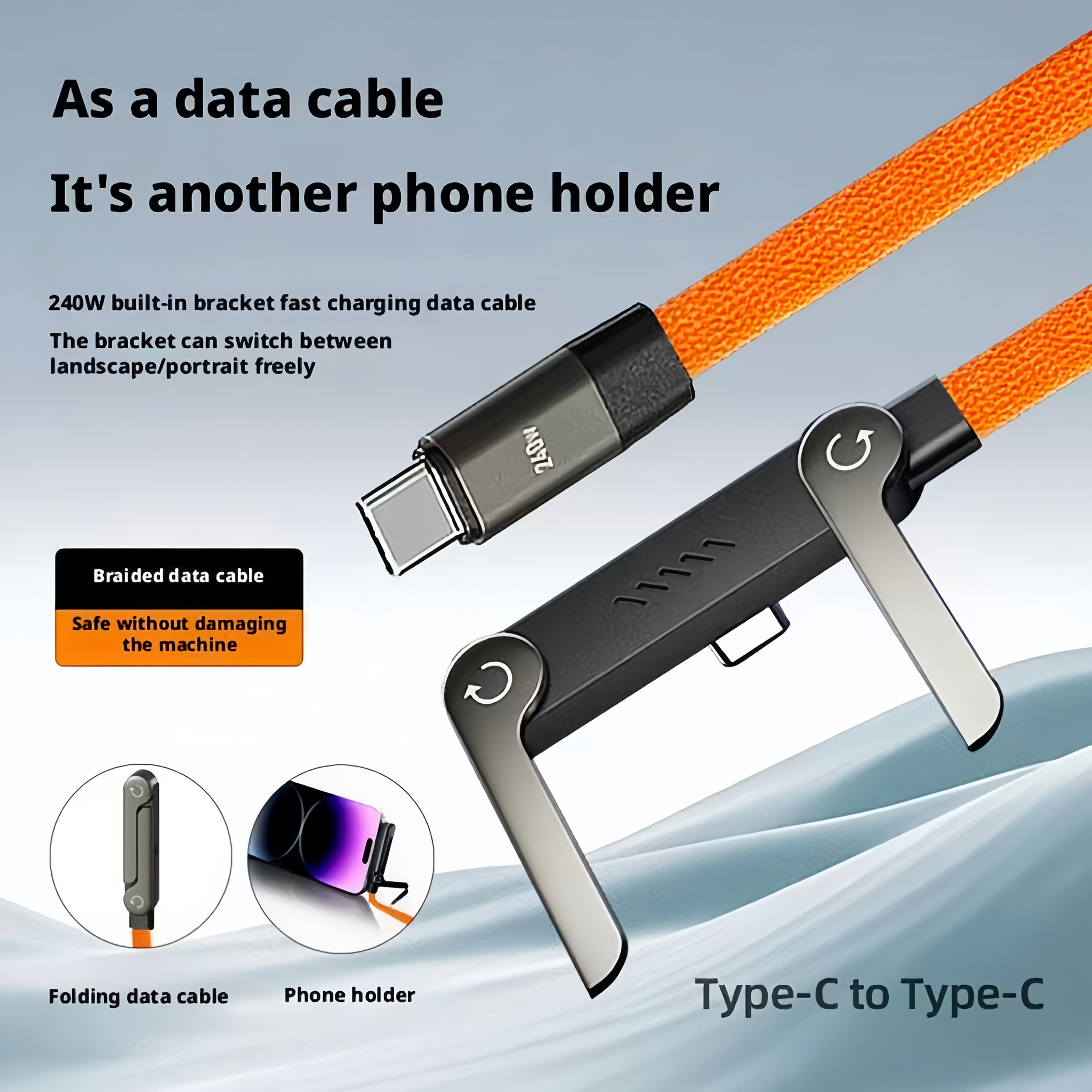 A 2-In-1 240W Fast Charging Foldable Stand Data Cable with Dual Type-C Super Fast Charging And an Integrated Phone Holder, Compatible with The Iphone 15-17 Series