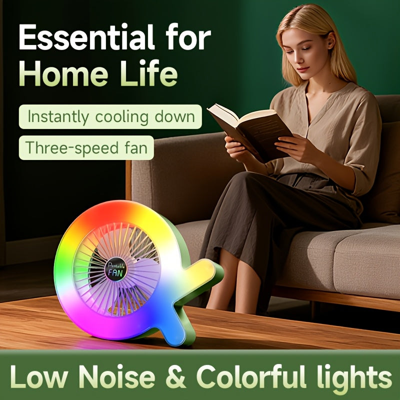 Portable Colorful Ambient Light Desktop Fan | 3 Speed Adjustment | Low Noise Silent Motor | USB Rechargeable | Mini Desk Fan for Bedroom Office | Summer Cooling Essential