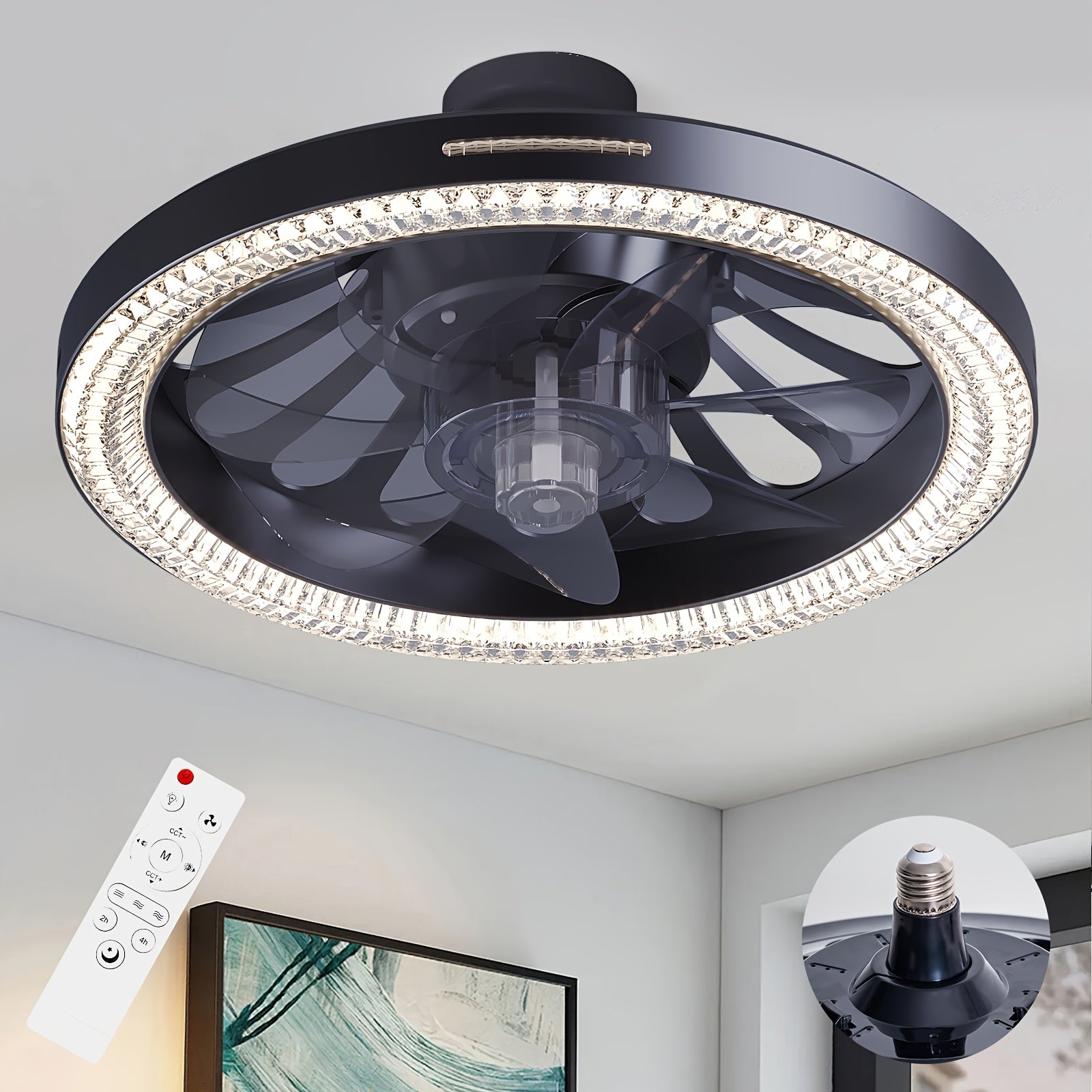 13" Smart Modern Ceiling Fan with Light and Remote, E26/E27 Base Easy Install Socket Fan Light, 3-Speed Adjustable, 3000-6500K Dimmable LED, for Bedroom, Kitchen, Living Room, Storage Room