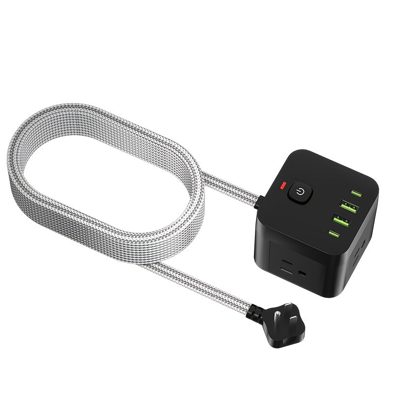 Compact Wall Outlet Featuring a 1.5-Meter (5-Foot) Extension Cable, Designed to Meet American Standards. It Comes with Two Sets of 8-In-1 Versatile Sockets, an Individual Power Switch for Each Socket, And a Surge Protection Feature
