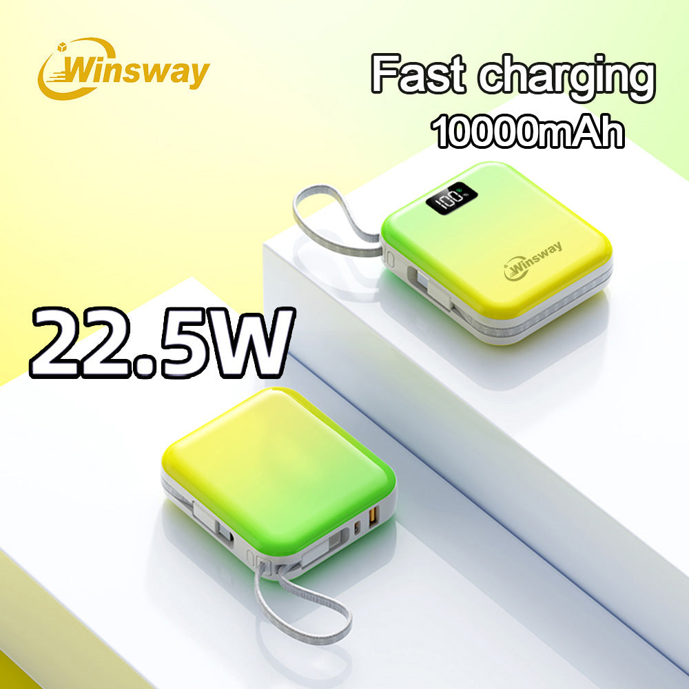 Winsway 10000mAh mini gradient color convenient mobile power bank, built-in USB-C cable, dual line 2-in-1, 22.5W fast charging portable charger, LED display screen, portable for boarding, outdoor travel, preferred gift giving
