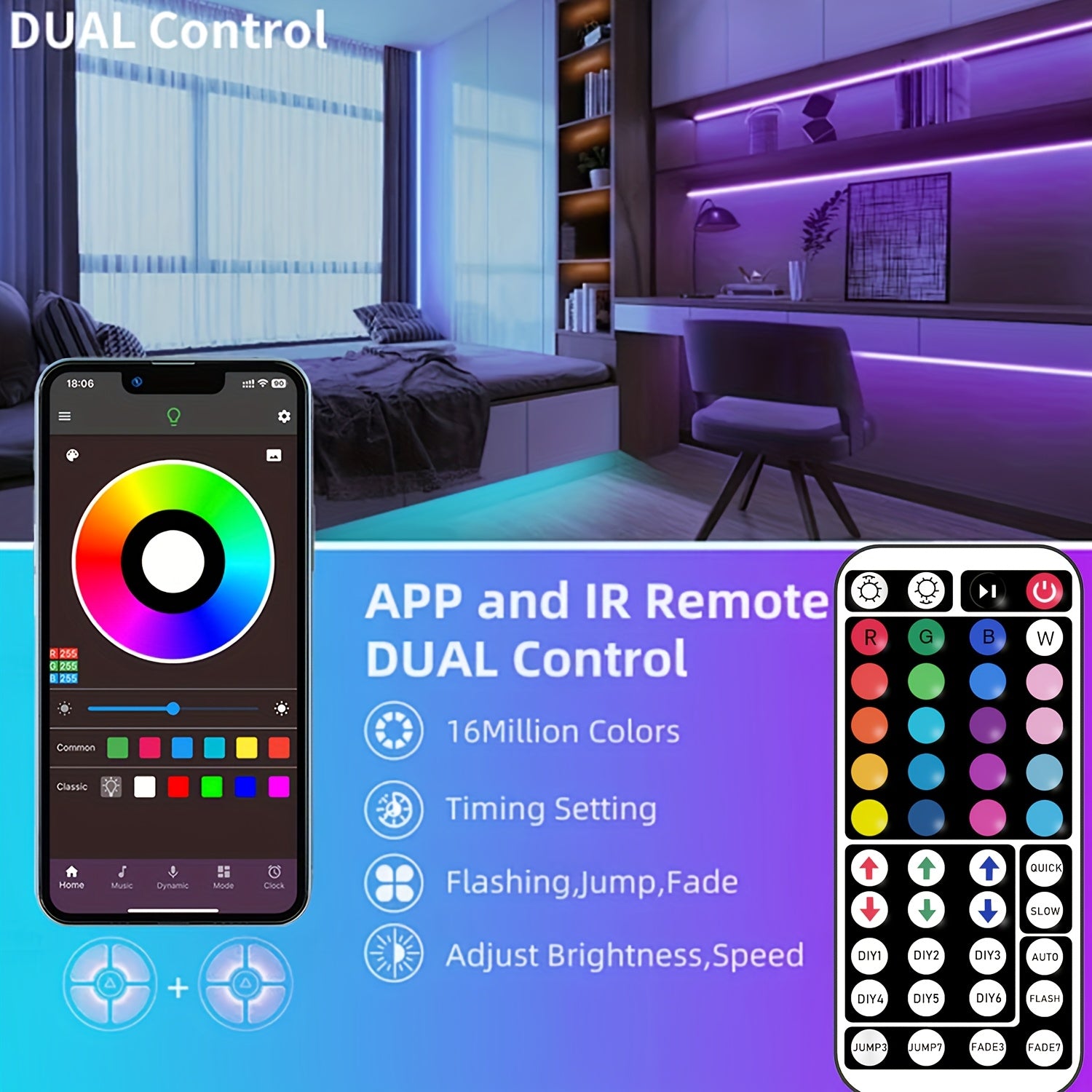 100英尺 RGB LED灯带，带App和遥控器，可同步音乐实现动态颜色变化，非常适合装饰卧室、厨房、派对