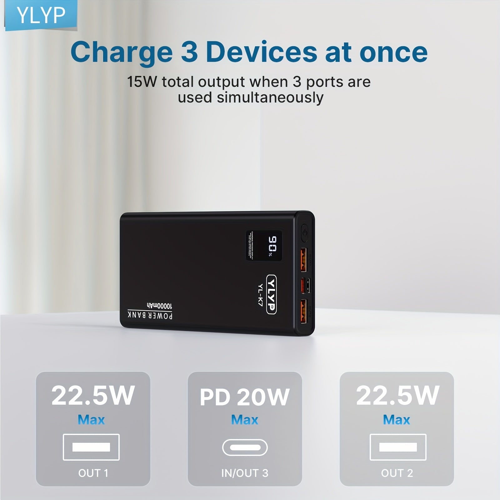 YLYP 1pc Ultra Slim Large Capacity Portable Power Bank 10000mAh, Max 22.5W/PD20W Portable Charger, LED and Digital Display Screen, Suitable for iPhone/Android Devices, 2xUSB/1xType-C Output, Type-C/Micro Input, Safe and Stable Polymer Lithium Battery, Chr