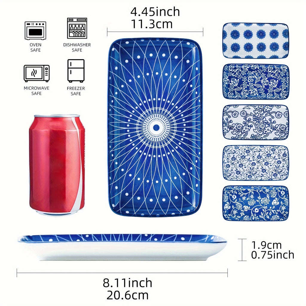 6-Piece Rectangular Plate Set, 8.1" x 4.5", Rectangular Ceramic Dinner & Appetizer Plates, Porcelain Dinner Plates – Perfect for Sushi, Salad, Dessert, Pasta – Oven, Microwave & Dishwasher Safe