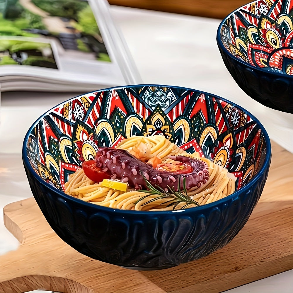 4-Piece Bohemian Style Ceramic Bowl Set, 6.5-Inch, Pattern Design, Striped Salad Bowl, Multi-Purpose – Perfect for Cereal, Soup, Oatmeal, Pasta Bowl, Large Salad Bowl