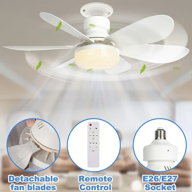 1-Pack Socket Fan Light, Screw Mount Flush Ceiling Fan with Light and Remote, E26/E27 Easy Install Ceiling Fan, Small Base Replacement Fan Bulb, Dimmable Socket Ceiling Fan Light, Fan with Light for Bedroom Kitchen Living Room