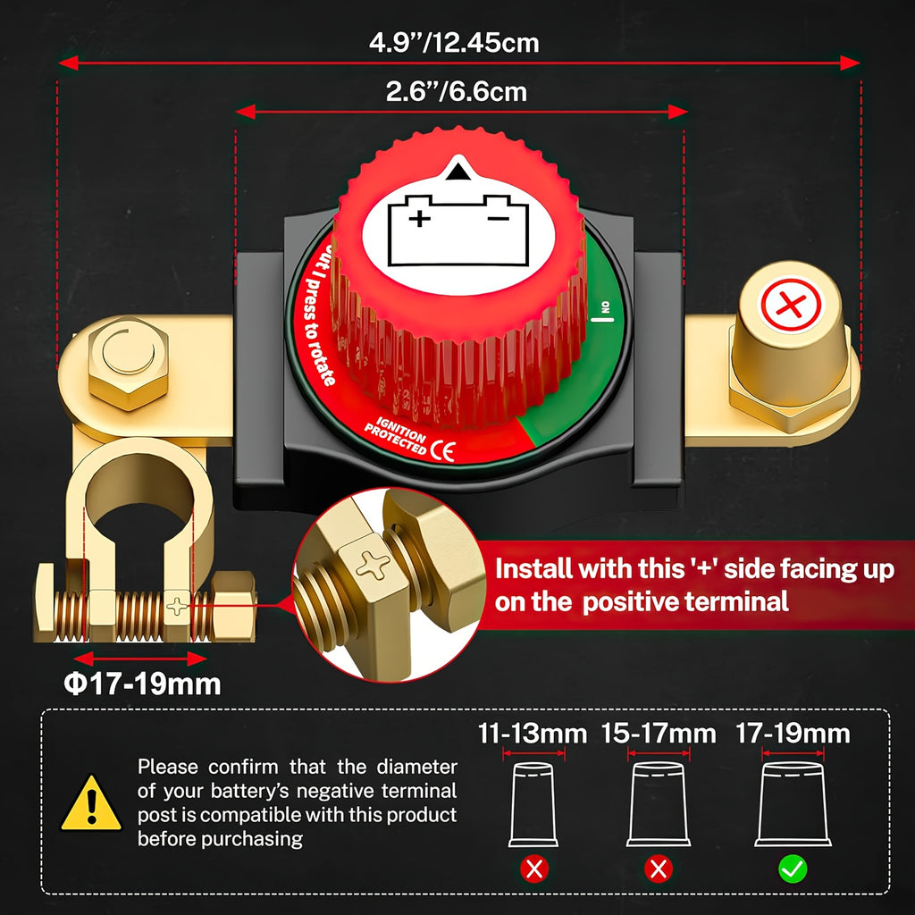 Battery Disconnect Switch – 12V Battery Cut-Off / Shut-Off Kit for Cars, RVs, Trucks, 4WD, Fits Positive Terminal with Flexible Mounting