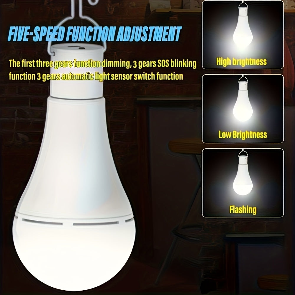 4PCS solar LED smart bulb, rechargeable emergency bulb, portable floodlight with hook, 3 lighting modes yard light, suitable for garden, camping, fishing, lantern, night light, stall lighting