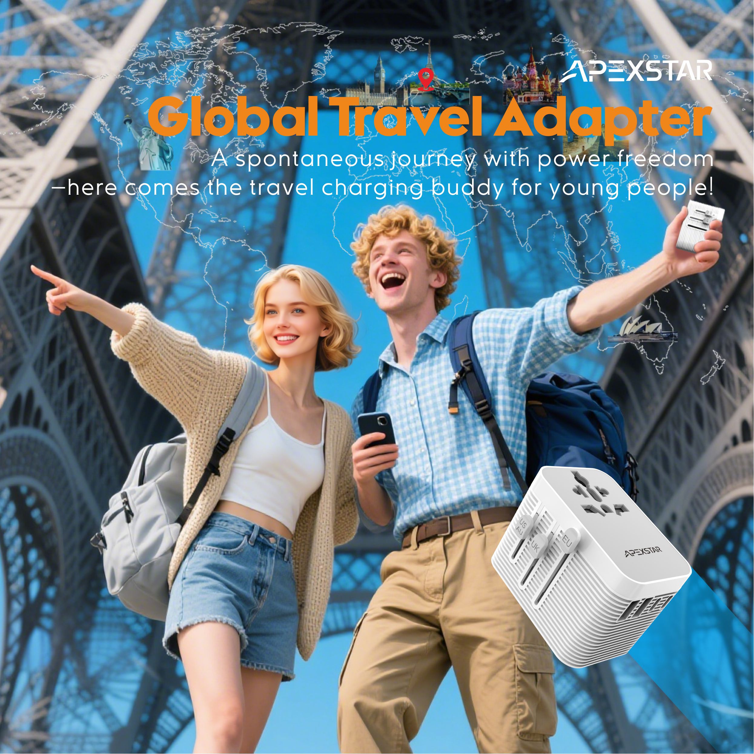 Apexstar Global Travel Adapter: A Must-Have for Travel Charging with PD & QC 3.0 Dual USB-C And 2 USB Travel Ports/ Multi-Country Compatible with Overload, Short-Circuit & Over-Temperature Protection/ Multiple Safety Features for Worry-Free Charging