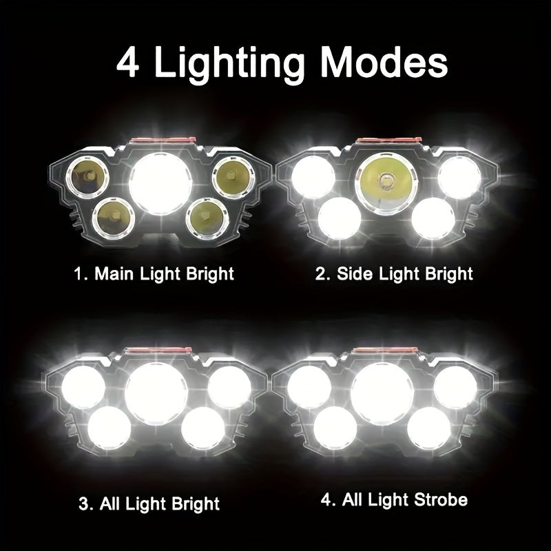 1pc LED Headlamp, Rechargeable, Bright & Powerful with 5 LEDs, Portable Headlight for Outdoor Camping & Emergency Lighting, IP44 Waterproof, Fishing & Outdoor Work Light