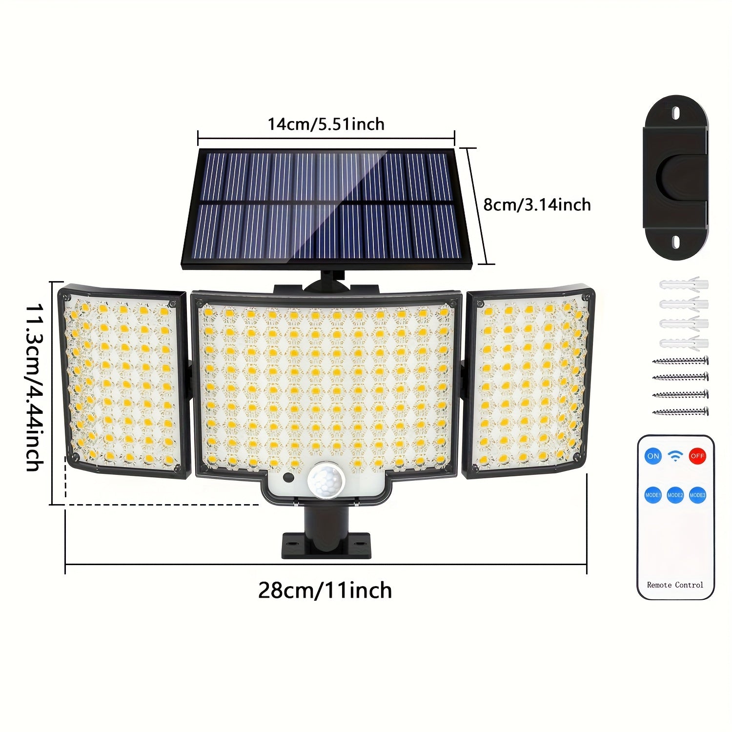 1/2 Pack Outdoor Solar Light, Motion Sensor Light, Porch and Garden Light with 212 LEDs, Exterior Wall Light with Remote Control, IP65 Waterproof Rating, 3-Head Security Floodlight, 270° Wide Angle, 3 Modes, Perfect for Courtyard, Pathway