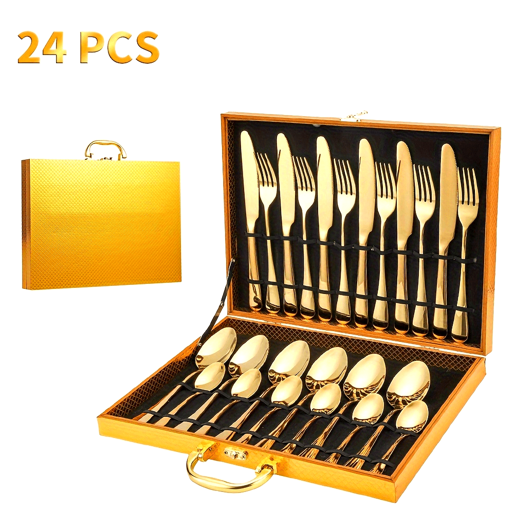 24-Piece Elegant Stainless Steel Black Cutlery Set – Classic 24-Piece Knife, Fork & Spoon Gift Box Set – Mirror Polished 6-Person Gold Cutlery Set with Gift Box Packaging – Dishwasher Safe – Perfect for Weddings, Parties, Restaurants, Hotels