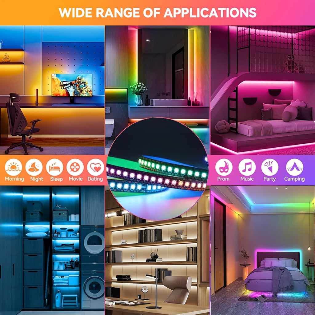 AOEVK WS2812B RGB LED 燈條，4.92 英尺變色，帶 3 鍵遙控器，USB 供電，144 個 LED/米，單獨可定址，內建 IC 晶片，適用於遊戲室、家庭劇院、派對裝飾