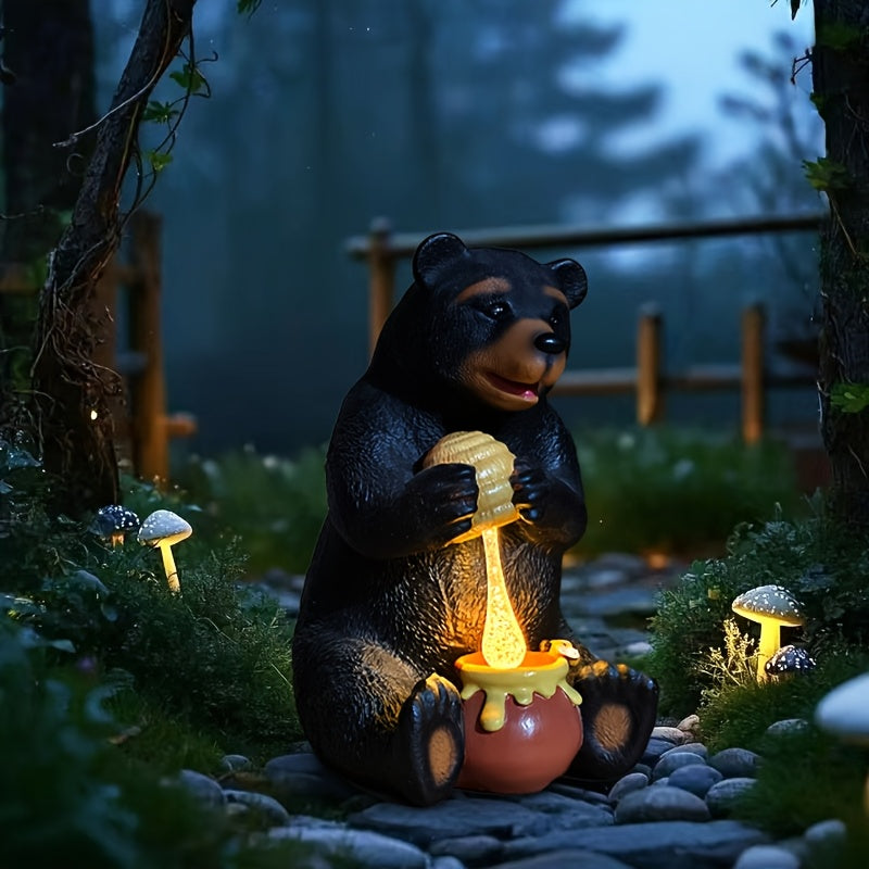 Black Bear Squeezing Honey Light, Non-Flat Printing, Resin Craft Statue Ornament Solar Light, Bear Statue Garden Resin Craft, Art Decoration with Solar LED Light, Landscaping DIY Garden Sculpture, Courtyard Lawn Home Decoration