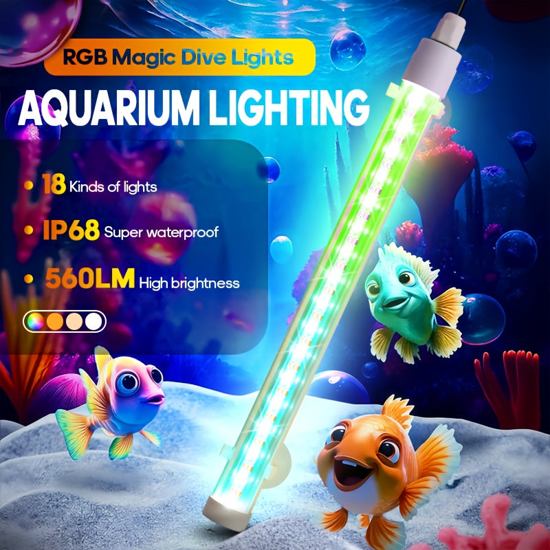 智能RGB水族馆景观灯，18种颜色和动态模式，宠物水族馆装饰LED灯条，带定时器的4键控制，RGB鱼缸灯的5级亮度调节，USB供电的水生藻类灯，产品附着在透明鱼缸的外部