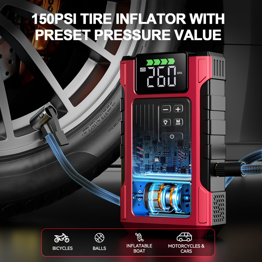 New Car Jump Starter with Air Compressor, Portable Battery Jumper, 6000A Peak Emergency Jump Starter, 150PSI Digital Tire Inflator, Portable Starter 12V (Fit for 2.11 Gal Gas / 1.72 Gal Diesel), Quickly Jump Start Your Vehicle