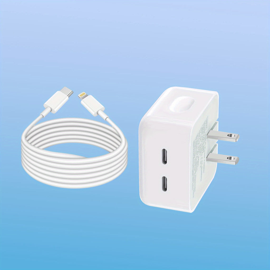 Foldable Dual USB-C Fast Charger - PD Power Adapter, Compatible [MFi Certified] for l Phone 13/ 14 Pro Max & More 4ft Fast Charging Cable Compact Wall Charger