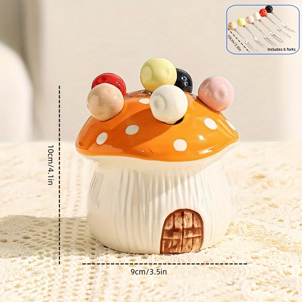 1 Set of 7 Pieces – 6 Forks & 1 Base, Ceramic Mushroom-Shaped Dessert Fruit Cake Fork Set, with 304 Stainless Steel Forks – Suitable for Fruit & Dessert, Party & Gathering Home Décor, Christmas Gift Party Decoration