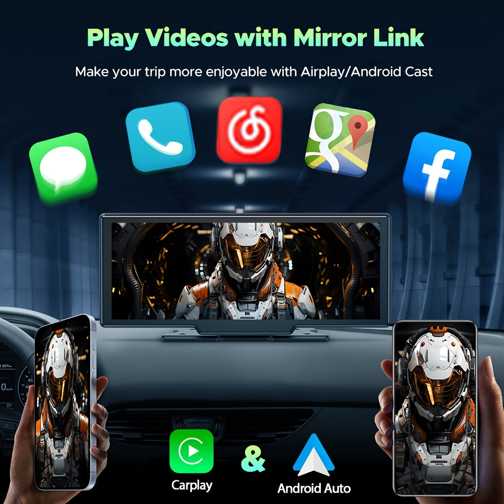 Lamtto 10.26" Wireless Carplay Display for Vehicles with 2.5K + 1080P Dash Cam, Portable Car Stereo GPS Navigation, Car Audio, Supports Android Auto, Airplay, Mirror Link, Compatible with 64GB TF Card, Universal Fit for All Vehicles