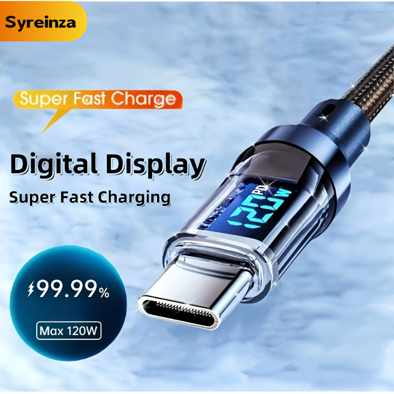 120W6A超快充USB-C线，Type-C转Type-C，黑色扁平尼龙PVC资料同步线，附实时数位显示器,≤36V工作电压，品牌Syreinza，适合家庭办公室旅行尼龙编织加固耐用高品质科技爱好者数据线适用于 iPhone, Android, Samsung