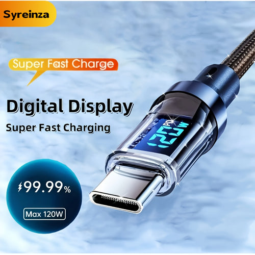 120W6A超快充USB-C线，Type-C转Type-C，黑色扁平尼龙PVC资料同步线，附实时数位显示器,≤36V工作电压，品牌Syreinza，适合家庭办公室旅行尼龙编织加固耐用高品质科技爱好者数据线适用于 iPhone, Android, Samsung