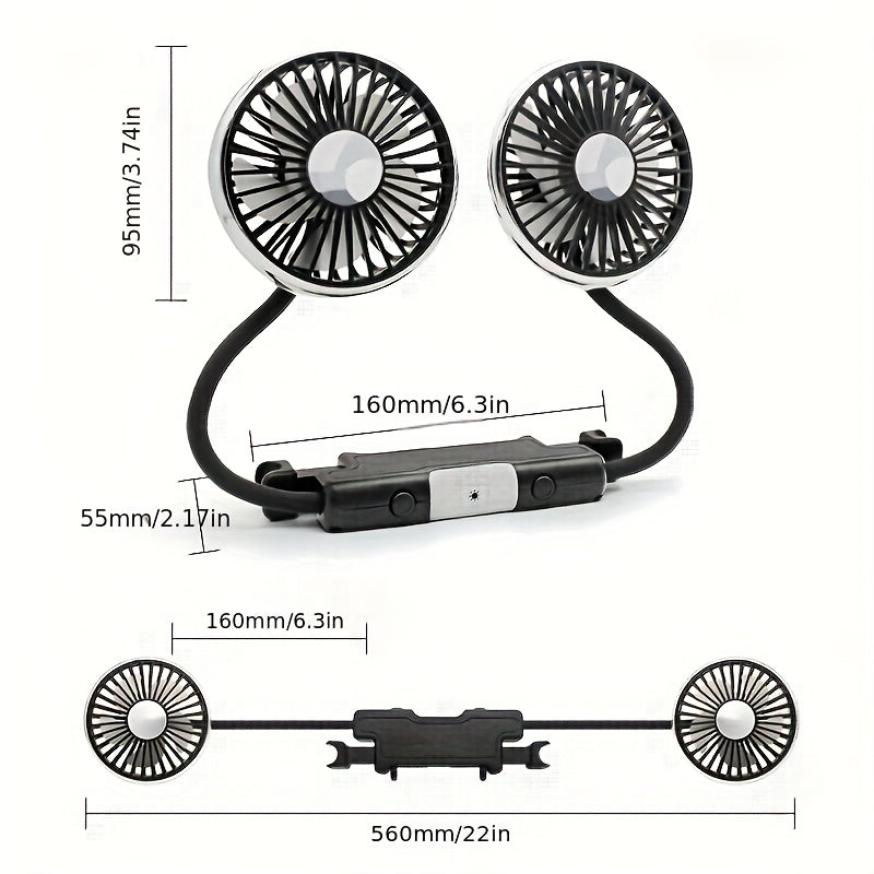 Car Rear Seat USB Cooling Fan with Two Independent Rotatable Heads, 360° Rotation, Ultra Quiet Ventilation, Designed for Sedan, SUV, RV and Truck